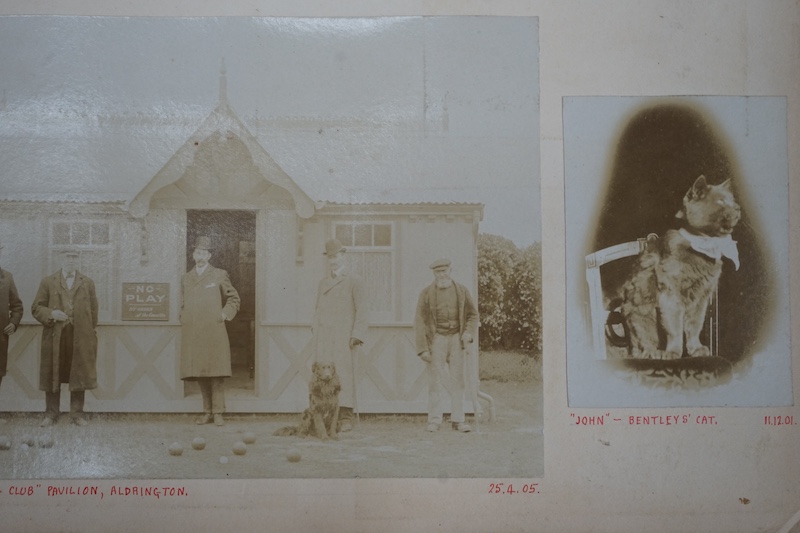 A late Victorian photograph album; 1890's onwards, assorted portraits, topography including Sussex, Hove Bowling Club, opening meeting 1905 and various railway related images. Condition - spine torn album damaged, photos